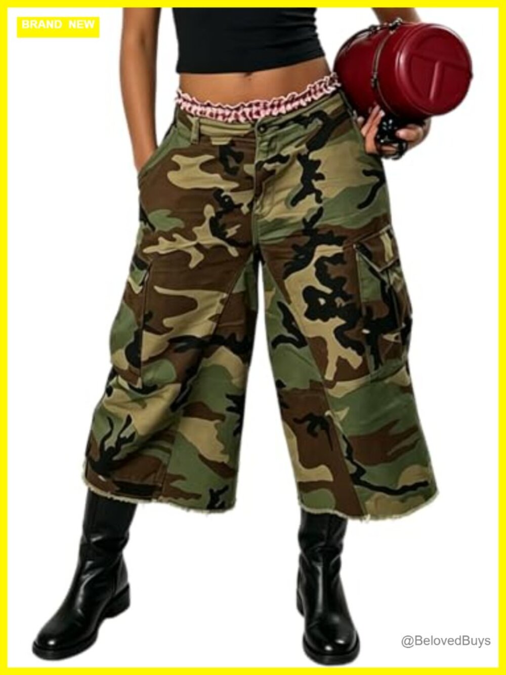 Women's Camo Wide Leg Cropped Cargo Pants High Waisted Pull On